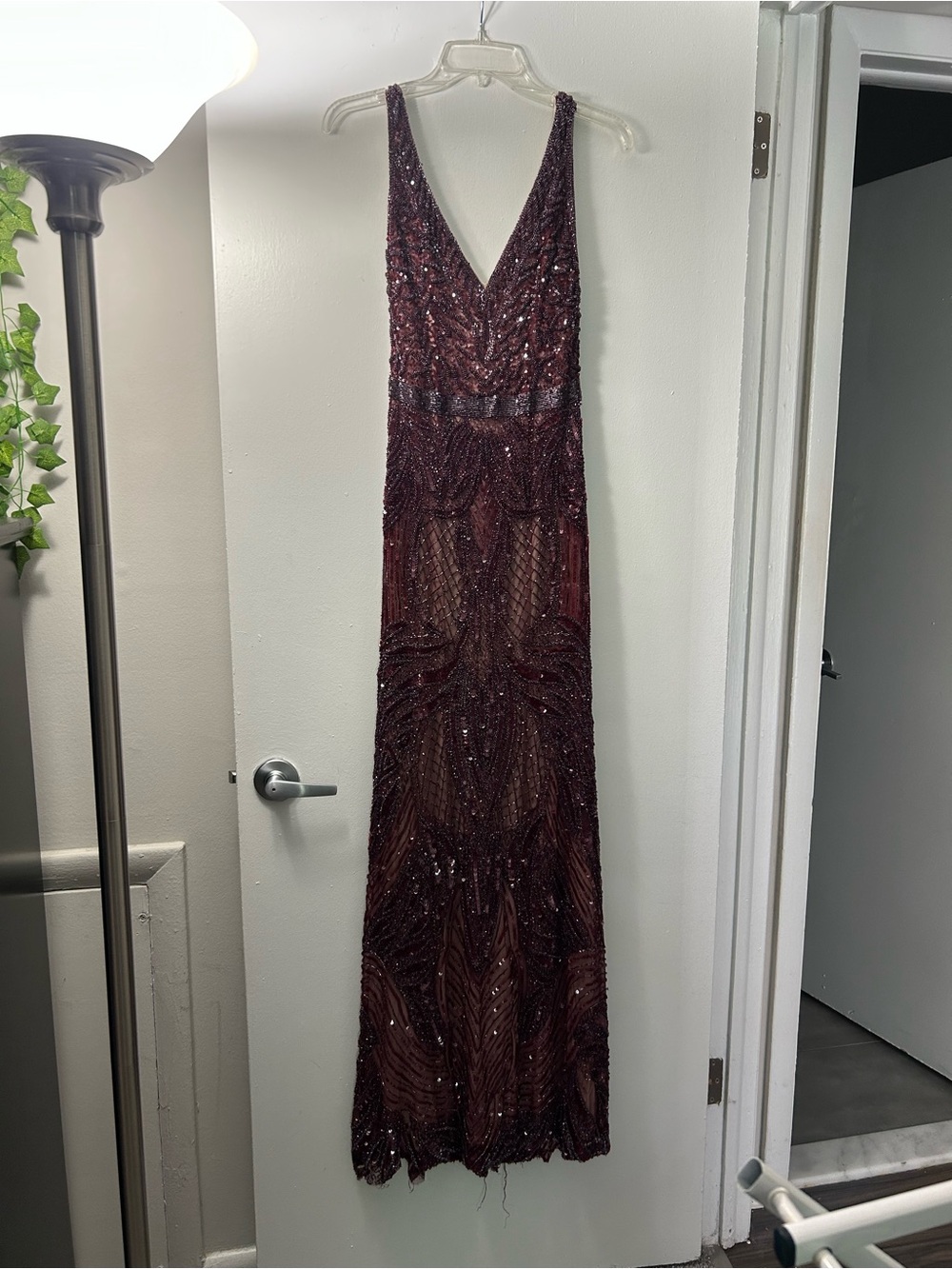 Sleeveless V-Neck Beaded Evening Gown in Deep Burgundy